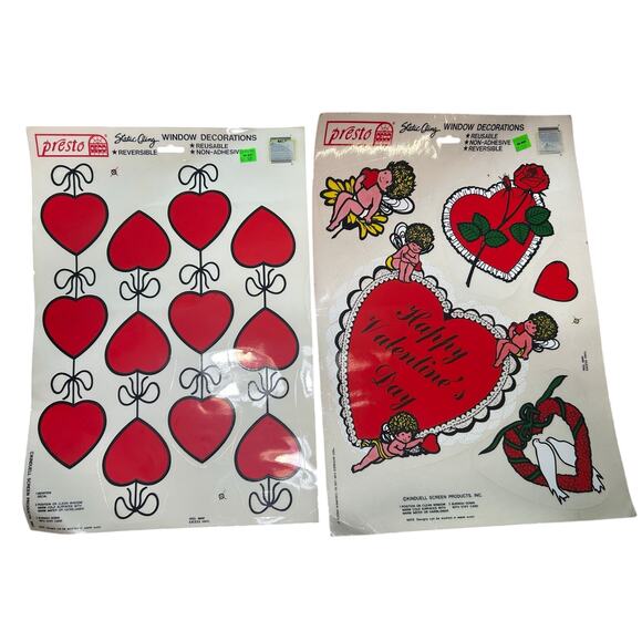 Vtg Window Clings- Reusable- 2 Sheets- Retro Valentines Hearts- cupid doves 90s - Picture 1 of 4